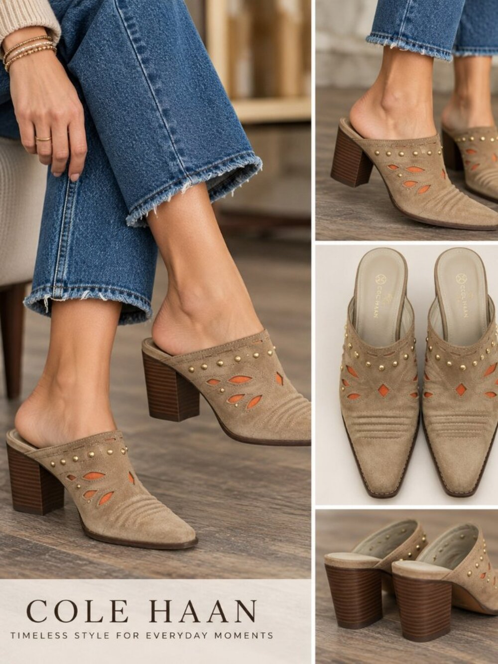 Cole Haan Suede Western Mule Heels 8.5 Tan Studded Orange Cutout Y2K